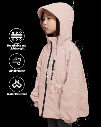 Image of Rolanko Girls Rain Jacket Lightweight Waterproof Hooded Kids Raincoat 6-16 | Kids Windbreaker, Water-Repellent, Sealed Zip Pockets, Reflective Strips, Extended Hood, Outdoor, School Daily, Travel