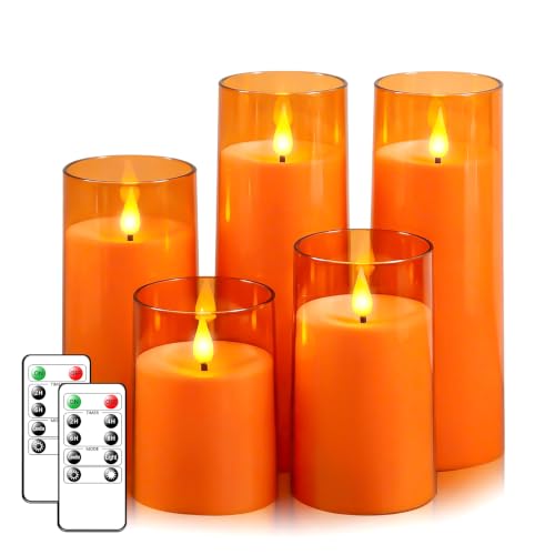 Image of Fo32won Orange LED Flameless Pillar Candles Battery Operated with Remote Timer, 5 Pack 3D Flickering Acrylic Candles for Fall Halloween Thanksgiving Christmas Home Fireplace Party Decor & Gift