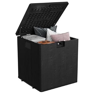 SierraSquad 28-Gallon Waterproof Outdoor Storage Box, Lockable Resin Deck Box with Lid, Patio Storage Bin for Pool, Garden Tools & Backyard, All-Weather Protection, Black Wicker