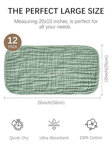 Image of Lovely Care 12 Pack Muslin Burp Cloths 100% Cotton Muslin Cloths Large 20''x10'' Extra Soft and Absorbent Baby Burping Cloth - Sage, Teal and Blue