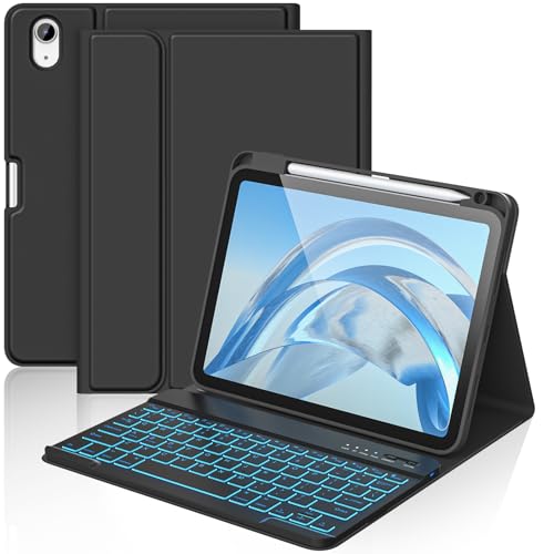 aMZCaSE for iPad A16 11th 10th Generation Case with Keyboard - 7 Colors Backlight Detachable Folio Keyboard Case with Pencil Holder for iPad (A16) 11th Gen 2025 & 10th Gen 10.9 inch 2022, Black