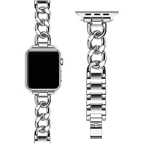amhello Band Compatible for Apple watch 42 44 45 mm Cowboy Chain Metal Watch Bands Quick Remove Links Wrist Band Straps for Apple iWatch 7 SE 6 5 4 3 2 1-42/44/45mm Silver Cover