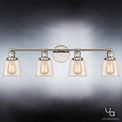 Urban Ambiance Luxury Industrial Chic Bathroom Vanity Light, Large Size: 9" H X 31.5" W, With Modern Style Elements, Nostalgic Design, Polished Nickel Finish And Light Champagne Glass, Uql2682 #TOP3
