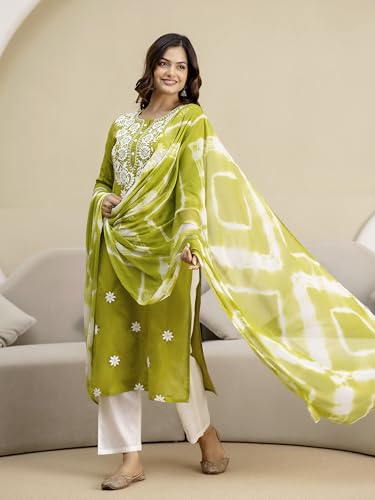 Image of TRENDMALLS Women's Cambric Cotton Embroidery Work Kurta Pant with Dupatta Set