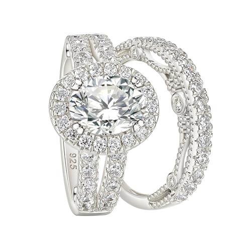 Wuziwen 4 Carats Oval Cut Wedding Engagement Rings for Women 925 Sterling Silver Ring Sets for Her Cubic Zirconia