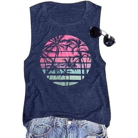 Womens Summer Beach Shirts Cute Hawaiian Graphic Tank Tops Casual Sleeveless Vacation Tops Dark Blue,L Cover