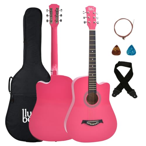Image of BLUEBERRY, B-38C Acoustic Guitar Kit with Bag, Strap, One Pack Strings And 2 Picks - 38 Inch (Neon Pink)