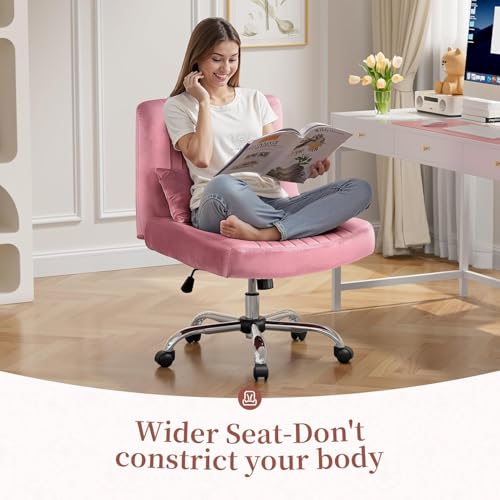 Image of Velvet Criss Cross Desk Chair with Wheels, Luxury Cross Legged Office Office, Swivel Wide Seat Vanity Chair, Armless Adjustable Height Gaming Chair Gift, Dusty (1, Light Rose Pink)