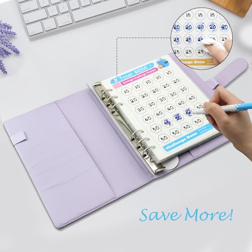 DONBAO 100 Envelopes Money Saving Challenge Binder, A5 Budget Binder with Envelopes and Challenge Tracker, Savings Challenges Planner Book to Save $500, $1000, $5050, $10000 (Purple) - Thumbnail 6