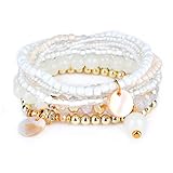 RareLove Bohemian White Beaded Bracelet Stretch Wrap Bangle With Charms Shells Round Layered