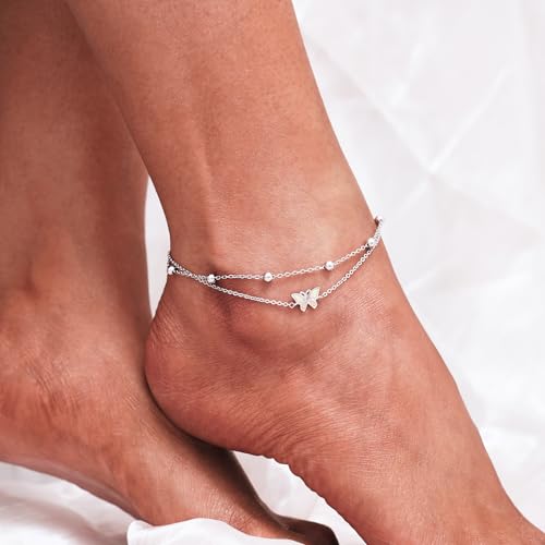 CHIC & ARTSY Womens Anklet 925 Sterling Silver Created Opal Layered Anklet Bracelet Dainty Beaded Chain Anklet Adjustable 11" Best Friend Anklet for Women - Image 4