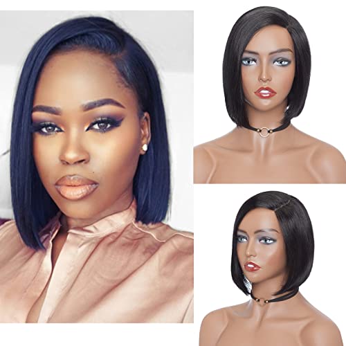 S-noilite T Part Lace Human Hair Wigs Lace Closure Short Bob Straight Remy Hair Wig Brazilian Virgin Hair for Black Women 150% Density Natural Black Color(12 Inch)