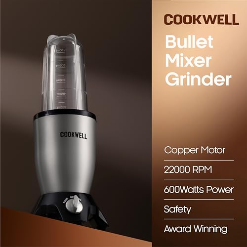 Image of Cookwell Bullet Mixer Grinder (5 Jars, 3 Blades, Silver) - Copper, 600 Watts - 2 Year Warranty