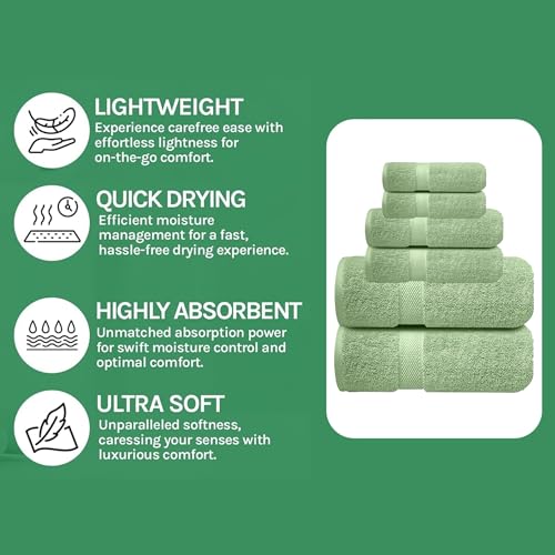 Image of Sulfar 100% Combed Cotton, 6 Pcs Towel Set - 2 Bath Towels (70 x 140 cm), 2 Hand Towels (40 x 70 cm) and 2 Face (30 x 30 cm) (600 GSM, Pack of 6) Nature Green
