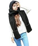 UPSTORE Women Lady 3 in 1 Winter Warm Push Hood Hoodie Mittens Pocket Earflap Hat Long Scarf Shawl...