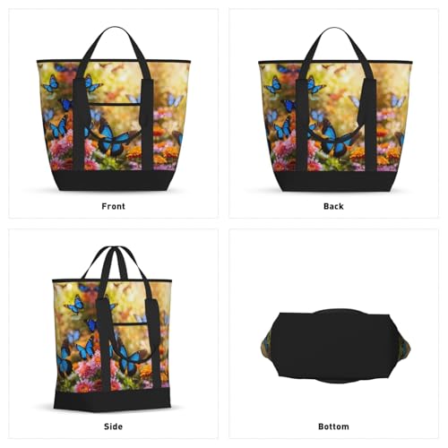 blue butterfly and Flowers Print Tote Bag Adult Heavy Duty For Picnic Beach Camping Large Capacity Insulated Tote Bag2