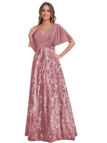Sequin Mother of The Bride Dresses with Sleeve Chiffon Long Evening Gown for Women