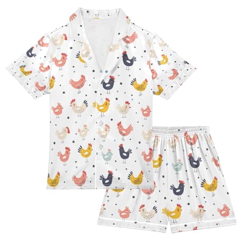 senya Cute Animal with Chicken Satin Summer Pajama Sets Silk Short Sleeve Button Down Sleepwear