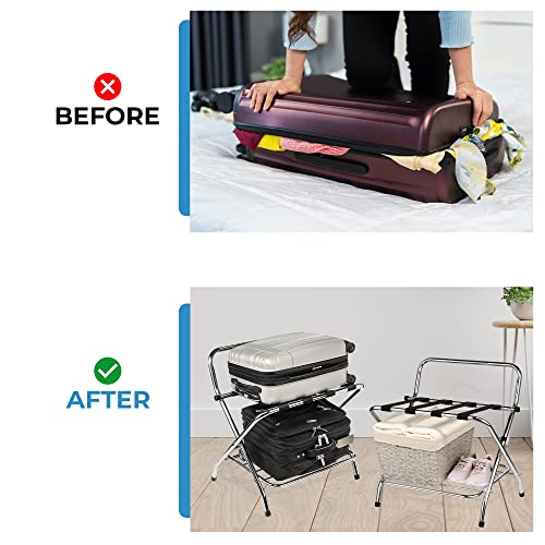 Ustech 2 Tier X Shaped Luggage Rack Made Of Premium Steel, With Nylon Straps, Rubber Feet, & High Back To Hold Suitcases & Luggage | Chrome Finish | Available In A Foldable Style #TOP7