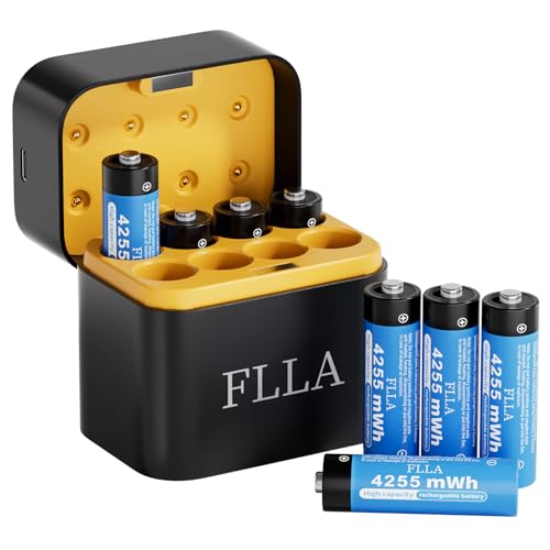 Flla Rechargeable AA Lithium Batteries 8 Pack 1.5V 4255mWh Constant Output 2000+ Cycles Double A for Blink Doorbell, Game Controllers, Smart Locks, (8 Slot AA)