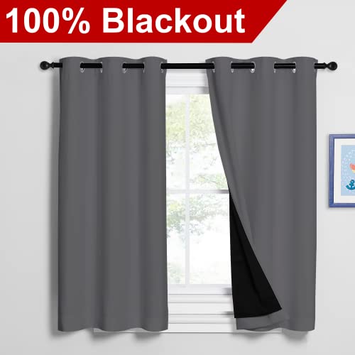 Image of NICETOWN Grey 100% Blackout Curtains 2 Panels with Black Liners, Thermal Insulated Full Blackout 2-Layer Lined Drapes, Noise Cancellation Window Draperies for Dining Room (42-inch W by 54-inch L)