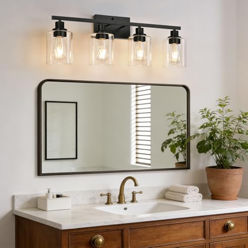 Image of MOKATNG 4-Light Bathroom Light Fixtures, Vanity Light with Clear Glass Shades, Matte Black Bathroom Light Fixtures Over Mirror, Modern Bathroom Wall Lamp for Mirror Living Room Cabinet Bedroom