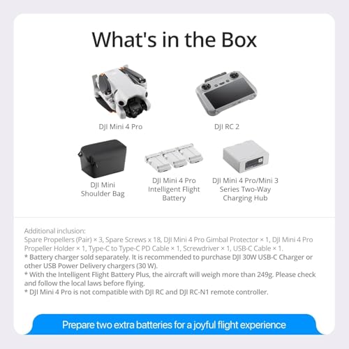 Ficha técnica DJI Mini 4 Pro Fly More Combo DJI RC 2 pantalla de control remoto con accesorios versátiles plegable mini drone con cámara 4K menos de 249g 2 baterías adicionales 102 minutos de vuelo Clase C0 - Fernando Cortés