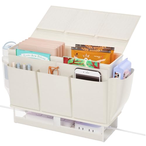 Frjjthchy Bedside Caddy Bedside Organizer,Bed Caddy with 11 Pockets and Power Strip Holder,Versatile Bedside Storage Caddy for Home,Dorm,Bunk,Hospital,Crib Bed (White)