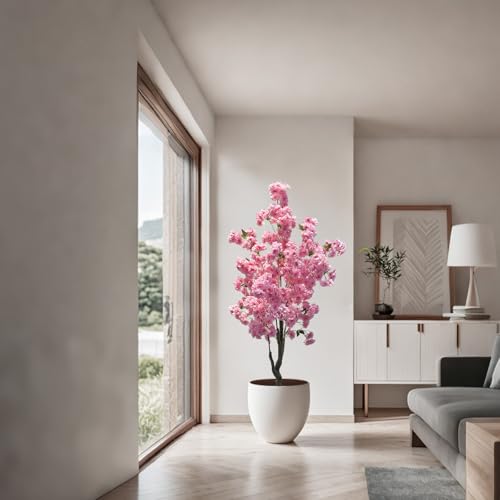 Garveehome Pink Cherry Blossom Tree, 5ft Tall Decorative Artificial Cherry Blossom Tree in Plastic Pot for Indoor Outdoor Home Office Party Wedding Housewarming Gift (Single Pole)