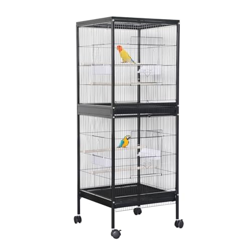 GarveeLife 55" Large Parrot Bird Cage with Wooden Perches, Double Stackable Metal Cage with Pull Out Tray Standing Birdcage Bird Aviary Indoor with Multi Door Design for a Canary Finch Black