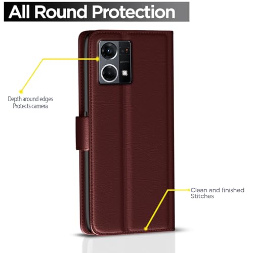 Image of Pikkme Flip Cover Leather Finish | Inside TPU with Card Pockets | Wallet Stand and Shock Proof | Complete Protection Button Flip Case for Oppo Reno 7 5G (Brown)