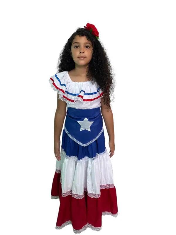 Puerto Rican Traditional Dress for Girls with Flag & Star Belt
