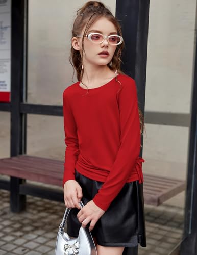 Image of Arshiner Girls Long Sleeve Shirts Ruched Knot Side Tunic Blouse Tee Tops