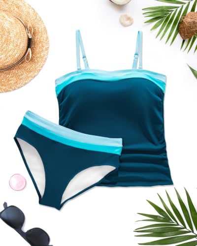 Image of Daci Women Strapless Tankini Tummy Control 2 Piece Bandeau Swimsuit | Full Coverage,Removable&Adjustable Straps,Built-in Soft Unremovable Bra,Ruched Tummy Control,Mid Waist Bottom,Fully Lined