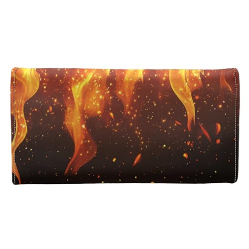 Image of AFPANQZ Leather Wallets for Women, Flame Print RFID Blocking Checkbook Wallet with Cit Card Slots Phone Holder Zip Pocket, Buckle Closure, Ladies Purse