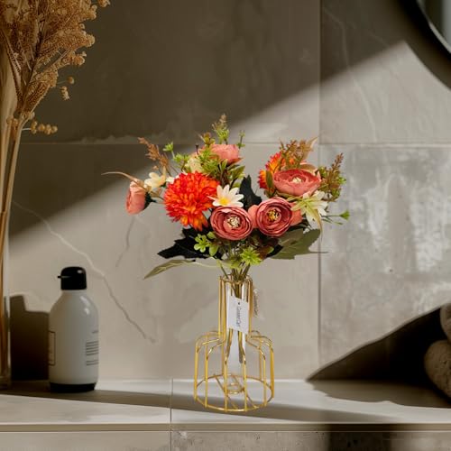 Image of CURATED CART Artificial Flowers 2 Bunches - 9 Mixed Flower Heads Each - Roses, Daisies & Chrysanthemums - Faux Flowers for Vases, Home Decor, Office, Parties (Orange) (No Vase)