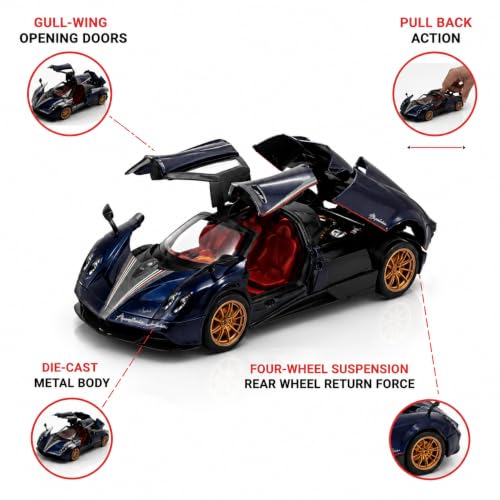 Image of Pagani Huayra Roadster Die-Cast Metal Model Car, 1:36 Scale, Pull-Back Action, Gull-Wing Opening Doors. (Pagani Huayra Blue)
