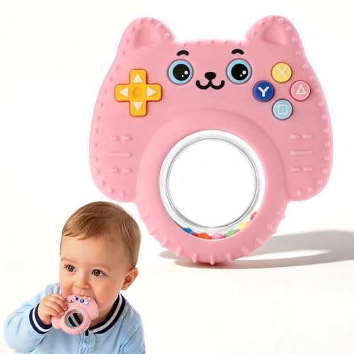 Image of Baby Teether Toy Silicone Cat Teething Ring -Game Controller, Baby Rattle Toy Chew Sensory Toys for Babies Over 3 Months, Teething Relief for Newborn Infant Essentials 0-6 6-12 Months, BPA Free -Pink