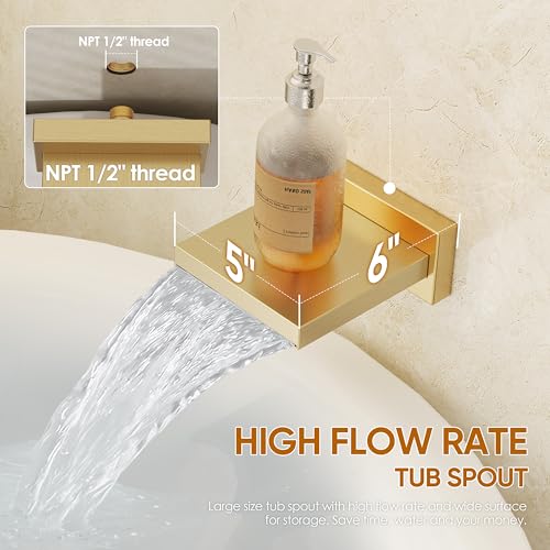 HoliSpa Gold Tub Shower System, All Metal Tub Shower Faucet Set with 12" Rain Shower Head and Handheld Spray combo, Wall Mounted Shower Systems with Tub Spout, Valve and Trim Kit, Brushed Gold by HoliSpa - Used condition - Image 4