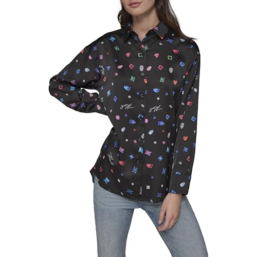 Karl Lagerfeld Paris Women's Oversized Printed Blouse, Jeweled Black Multi, X-Small