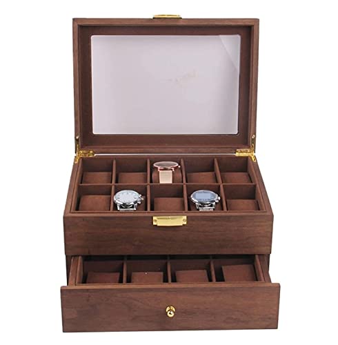 Caja para relojes, caja de reloj de doble capa, madera vintage, 20 compartimentos, caja para relojes, tapa transparente, expositor de joyas con cerradura, soporte para relojes,