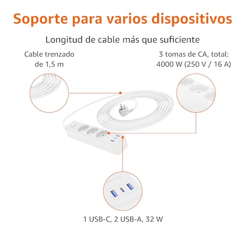 Regleta con 3 tomas y cable de 1,5m ideal para conectar el televisor y la consola en el salón 2