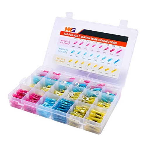 Hks 520Pcs Heat Shrink Wire Connectors Kit 12-10 16-14 22-16 Awg - Tinned Red Copper - Ring Fork Spade Butt Splice Terminal (3Colors/21Size) - Marine Automotive Electrical Waterproof Insulated Crimp #TOP24