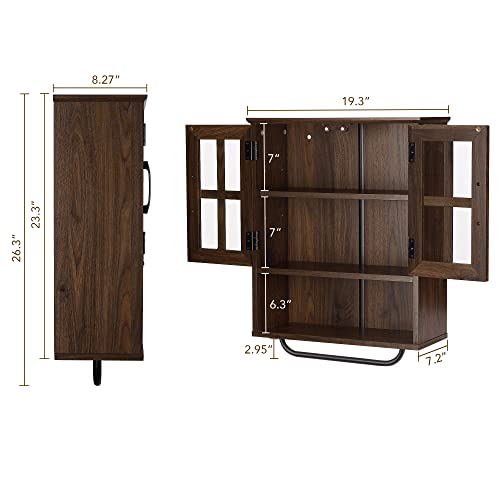 Rustown Wood Wall Storage Cabinet With Cross Glass Doors, Farmhouse Wall Mounted Cabinet, 3 Tier Rustic Bathroom Cabinet With Adjustable Shelves And Towel Bar For Bathroom, Living Room, Dark Walnut #TOP2