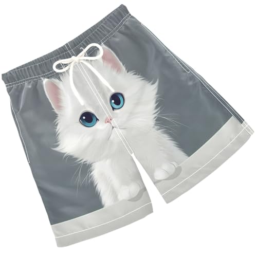 Pigsaly Boys' Swim Board Shorts White Cat Persian Kitty Boy's Swim Trunks Kids Swimwear M