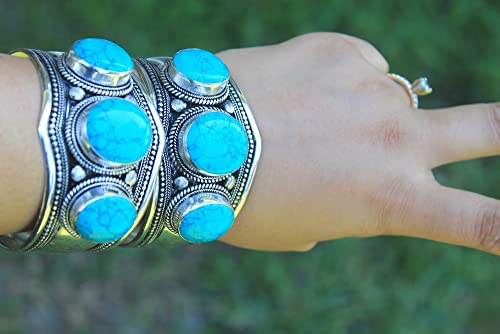 Generic Blue Stabilized Turquoise & Argentium Plated Stainless Steel Adjustable Cuff Bracelet thumb #4