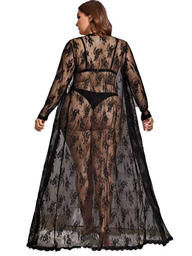 Verdusa Women's Plus Tie Knot Front Sheer Lace Sleepwear Long Robe Nightgown Black 3Xl #TOP1