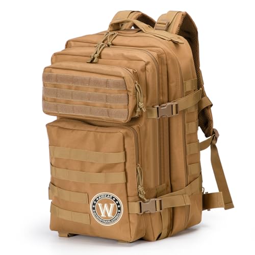 aiGear Tactical Backpack, 45L Khaki Military Backpack with Initial Letter W, Large MOLLE Backpack, Ideal Army backpack for Men Women Camping Hiking Hunting - aiGear