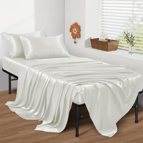 Image of SiinvdaBZX 4-Piece Cot Sheet Set 31 inch x 75 inch, Ivory White Satin Cot Size Sheets Silky Soft Rv Bunk Bed Sheets for Narrow Twin /Camp Bunk /Guest Beds /Army Cots /Trifold Mattress