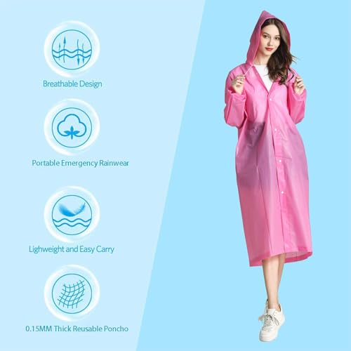 GmwyCzV Regenponcho Damen Herren, Wiederverwendbar Wasserdicht Regenschutz Regencape mit Tunnelzug Kapuze und Elastische Manschette, Leicht Regenponcho für Wandern Radfahren Camping Reisen, Rosa